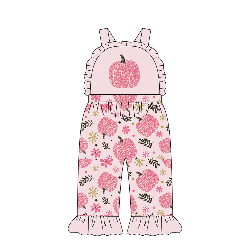 MOQ 5 PCS Preorder SR4219 Pumpkin Flower Dots Pink Ruffle Sleeveless Girls Overalls Jumpsuits 202604
