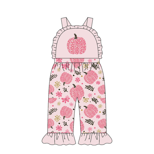 MOQ 5 PCS Preorder SR4219 Pumpkin Flower Dots Pink Ruffle Sleeveless Girls Overalls Jumpsuits 202604
