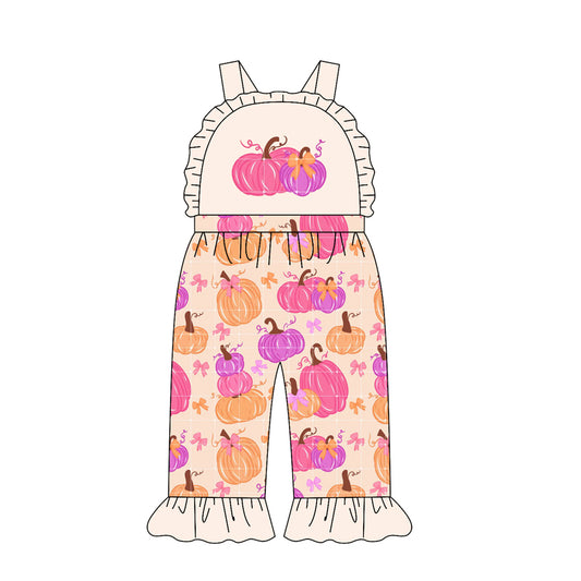 MOQ 5 PCS Preorder SR4220 Pumpkin Bows Beige Ruffle Sleeveless Girls Overalls Jumpsuits 202604