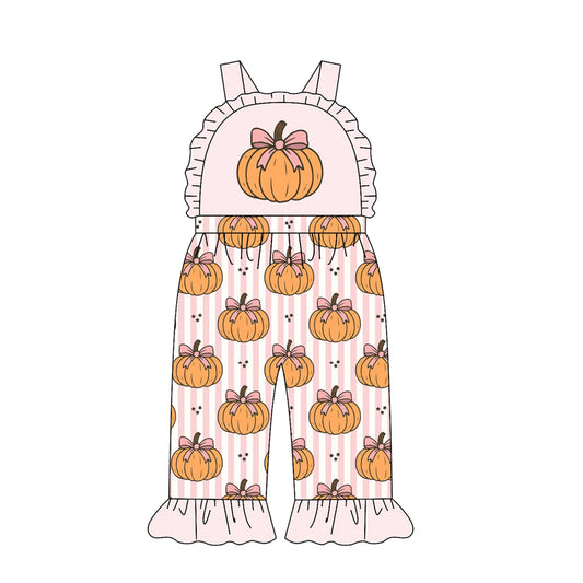 MOQ 5 PCS Preorder SR4221 Pumpkin Bows Stripe Pink Ruffle Sleeveless Girls Overalls Jumpsuits 202604