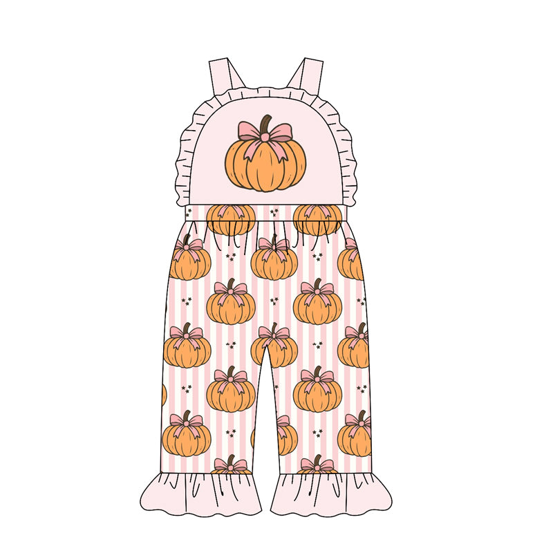 MOQ 5 PCS Preorder SR4221 Pumpkin Bows Stripe Pink Ruffle Sleeveless Girls Overalls Jumpsuits 202604
