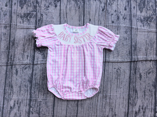 NO MOQ preorder SR4230 Smocked Baby Sister Letter Pink Plaid Short Sleeve Girls Bubble Romper 202606
