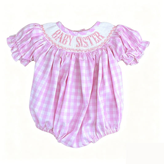 MOQ 5 PCS preorder SR4230 Baby Sister Letter Pink Plaid Short Sleeve Girls Bubble Romper 202604