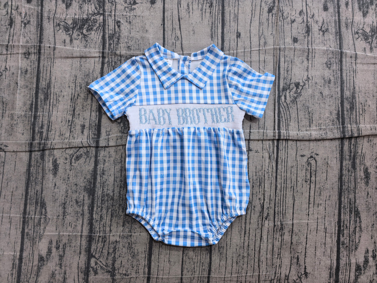 NO MOQ preorder SR4231 Smocked Baby Brother Letter Blue Plaid Doll Collar Short Sleeve Boys Bubble Romper 202606