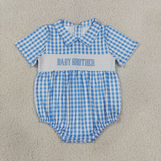 SR4231 Smocked Baby Brother Letter Blue Plaid Doll Collar Short Sleeve Boys Bubble Romper 202608 RTS