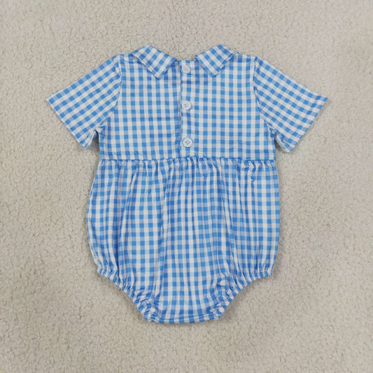 SR4231 Smocked Baby Brother Letter Blue Plaid Doll Collar Short Sleeve Boys Bubble Romper 202608 RTS