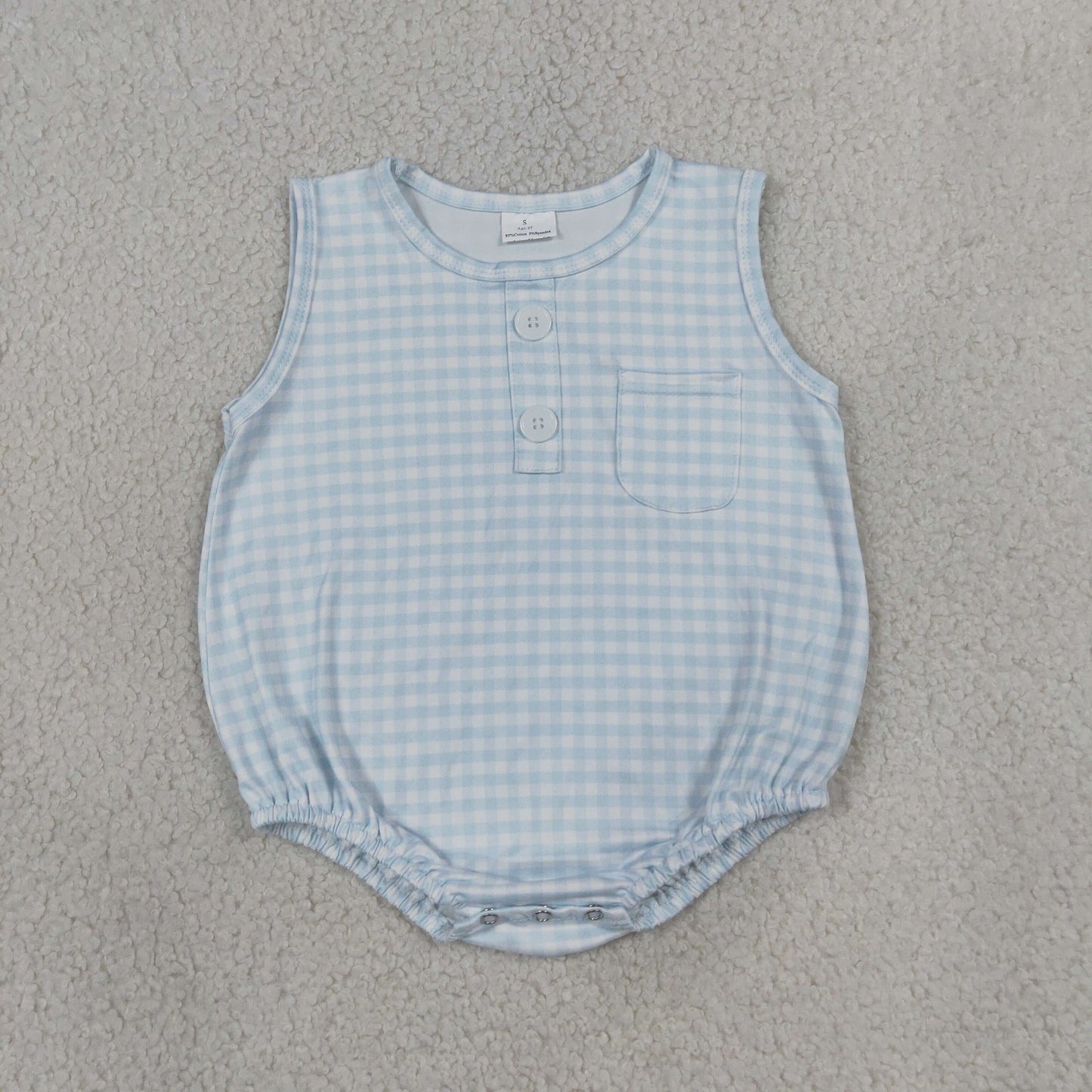 SR4232 Light Blue Plaid Sleeveless Boys Bubble Romper 202607 RTS