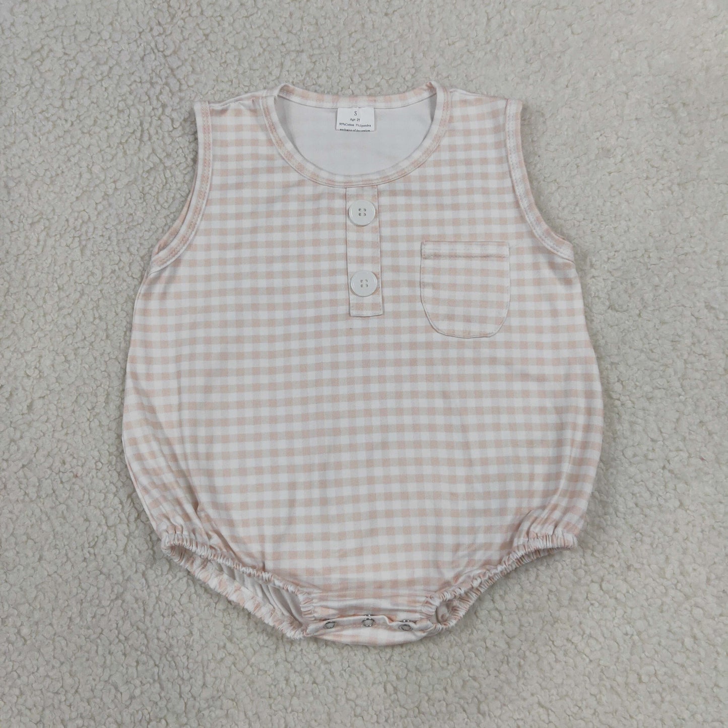 SR4233 Light Brown Plaid Sleeveless Boys Bubble Romper 202607 RTS