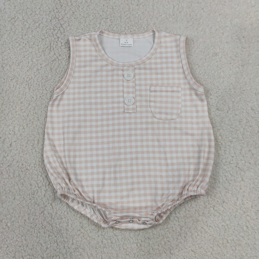 SR4233 Light Brown Plaid Sleeveless Boys Bubble Romper 202607 RTS