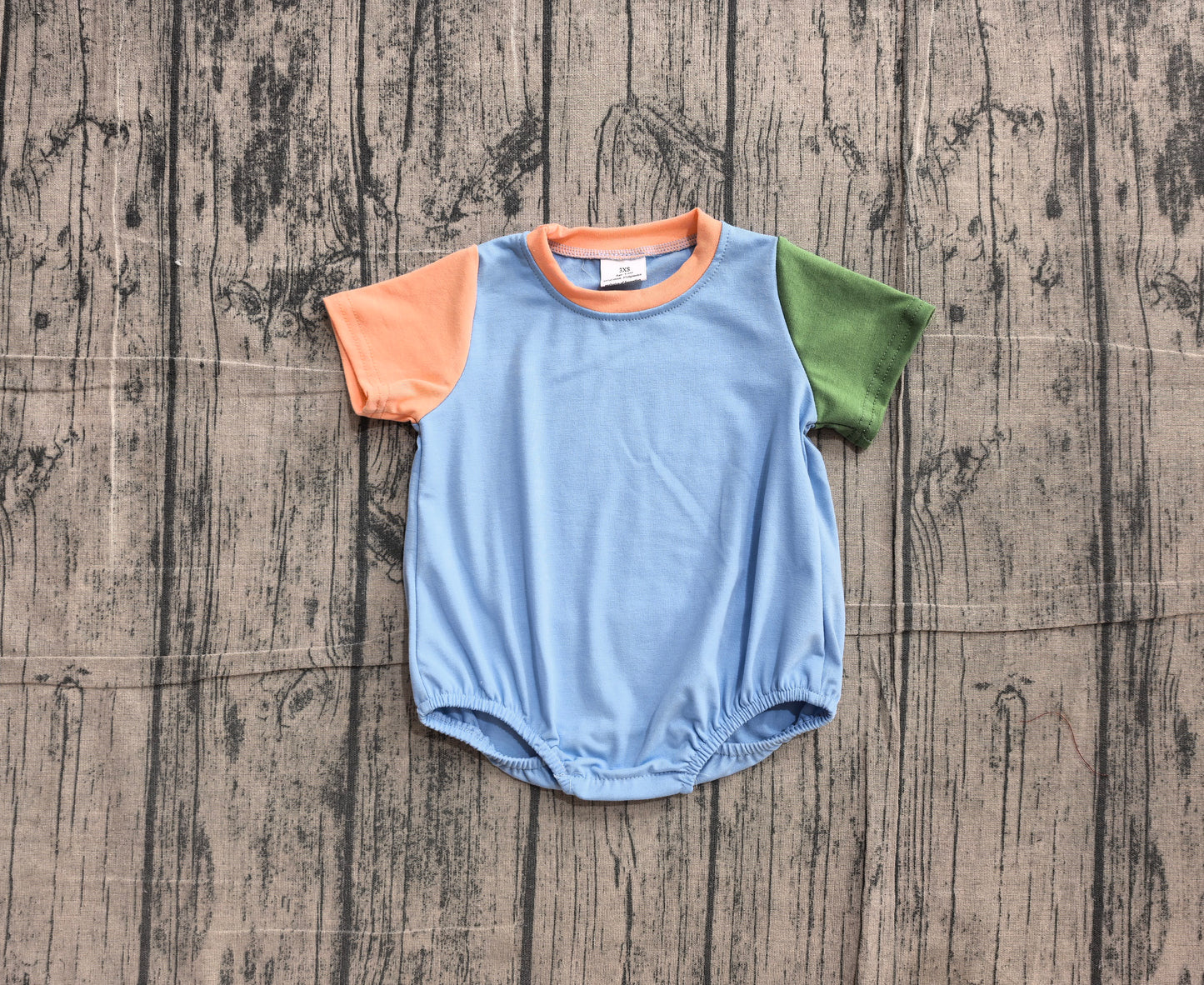 NO MOQ preorder SR4268 Orange Green Blue Patchwork Short Sleeve Girls Bubble Romper 202606