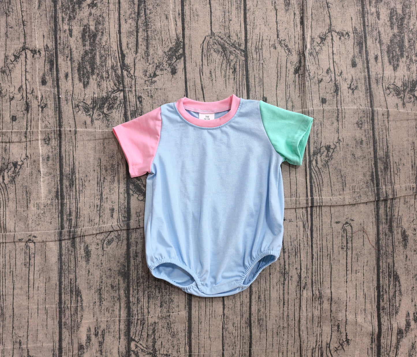 NO MOQ preorder SR4269 Pink Mint Green Blue Patchwork Short Sleeve Girls & Boys Bubble Romper 202606