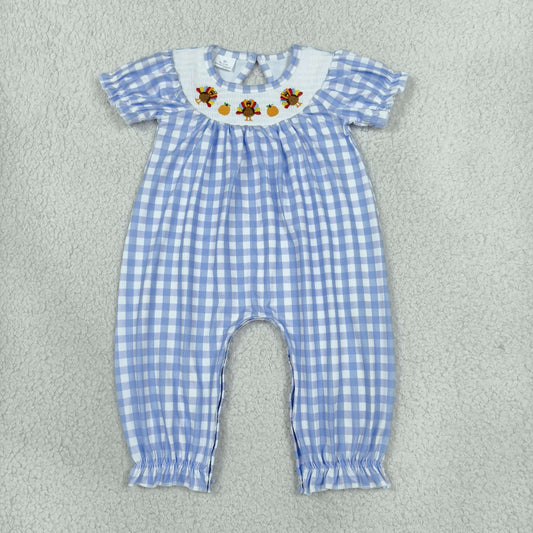 SR4276 Smocked Thanksgiving Day Turkey Pumpkin Plaid Baby Romper