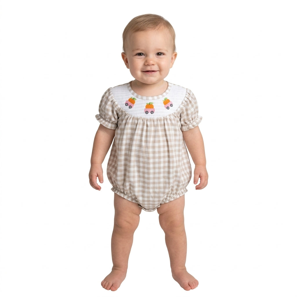 SR4280 Smocked Fall Pumpkin Car Plaid Baby Bubble Romper