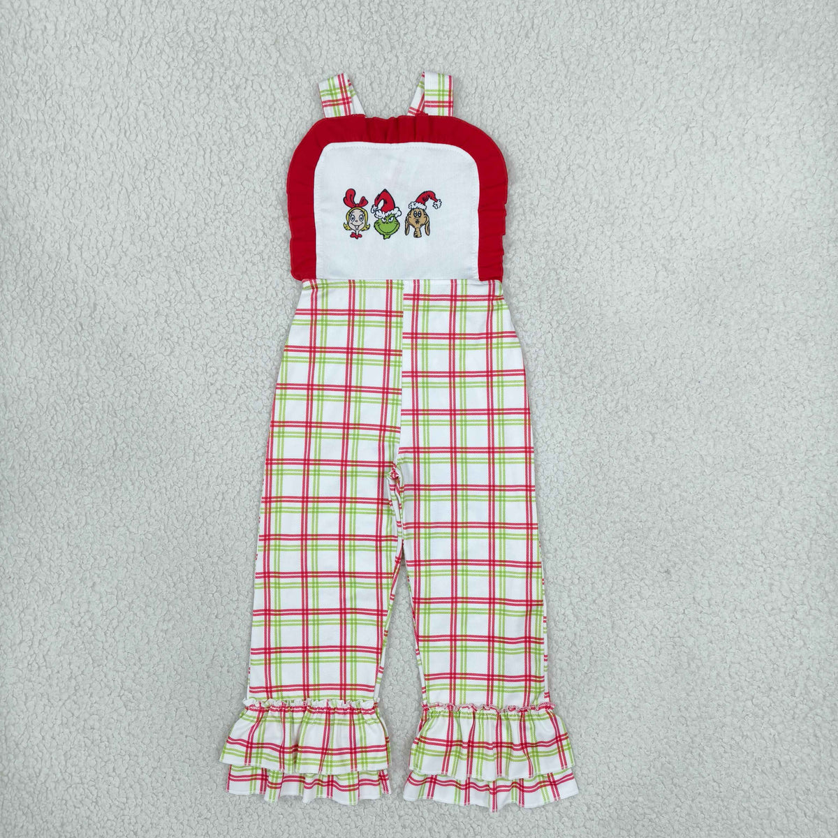 SR4282 Embroidery Christmas Green Animals Red Girl's Jumpsuit