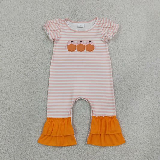 SR4284 Embroidery Fall Pumpkin Bows Stripe Pink Baby Girls Romper 202609 RTS