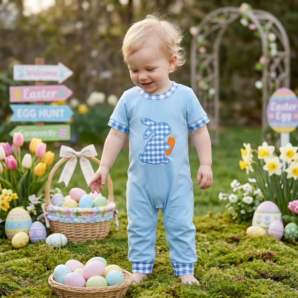 SR4297 Embroidery Easter Bunny Plaid Blue Baby Boys Romper