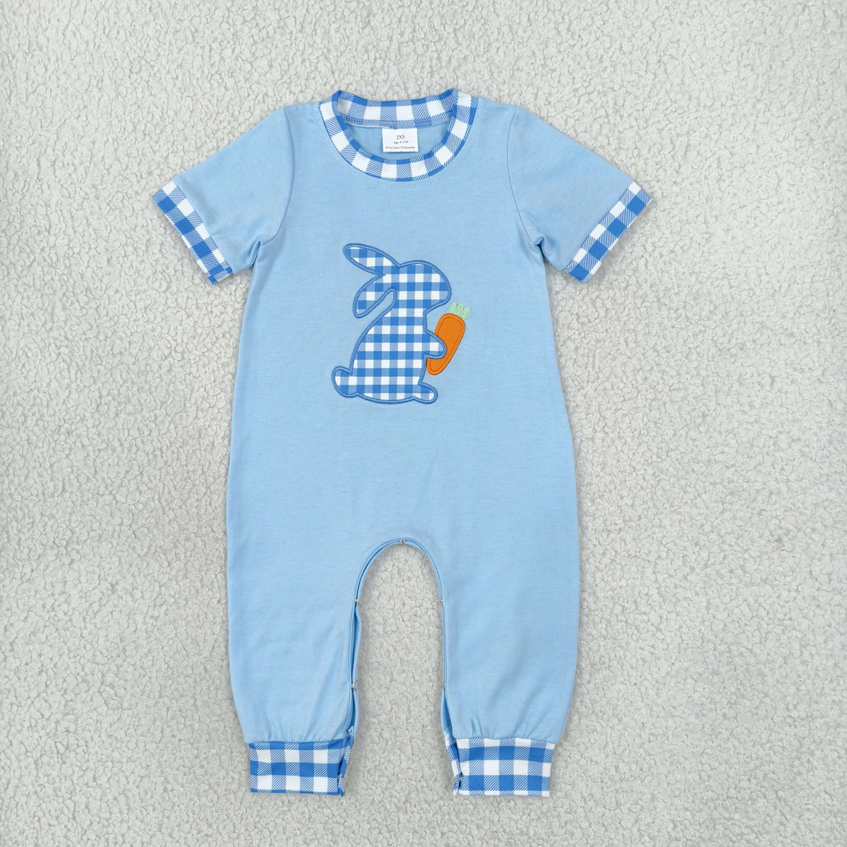 SR4297 Embroidery Easter Bunny Plaid Blue Baby Boys Romper