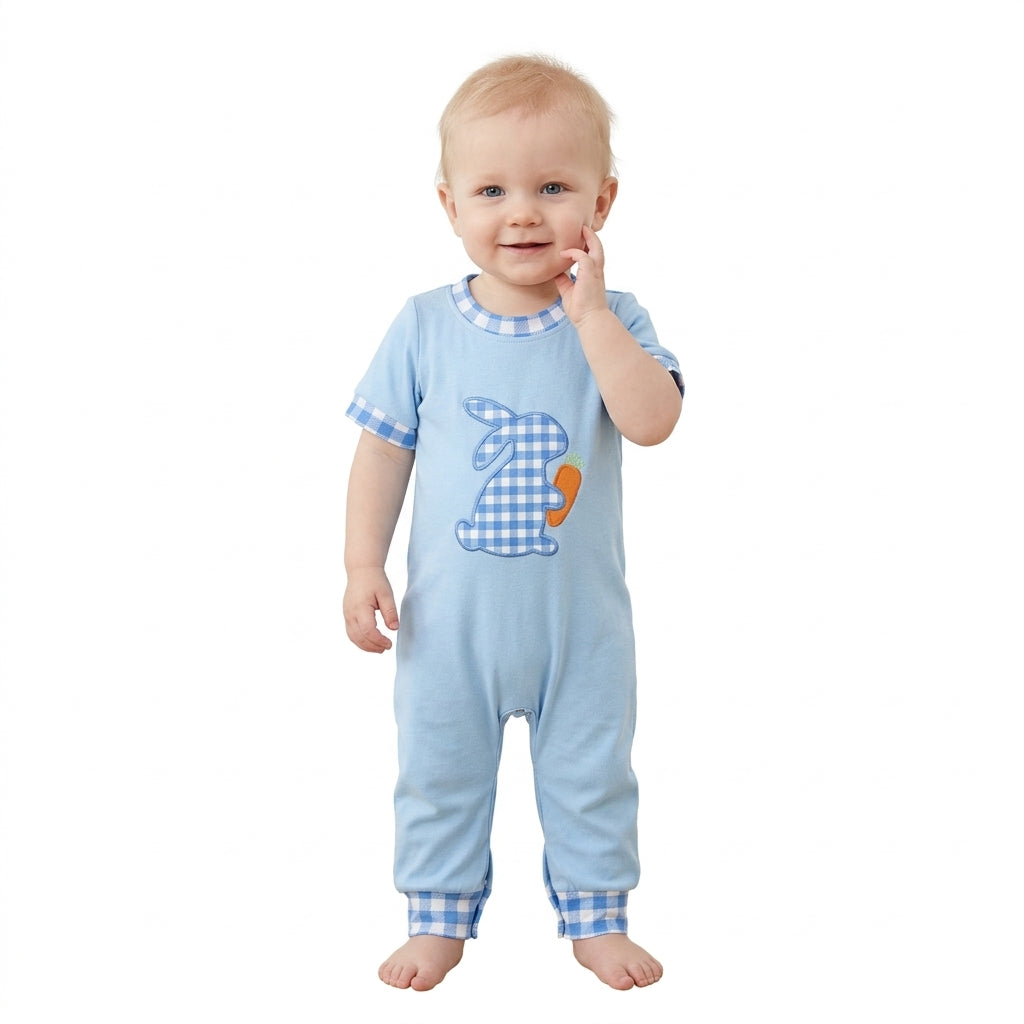 SR4297 Embroidery Easter Bunny Plaid Blue Baby Boys Romper
