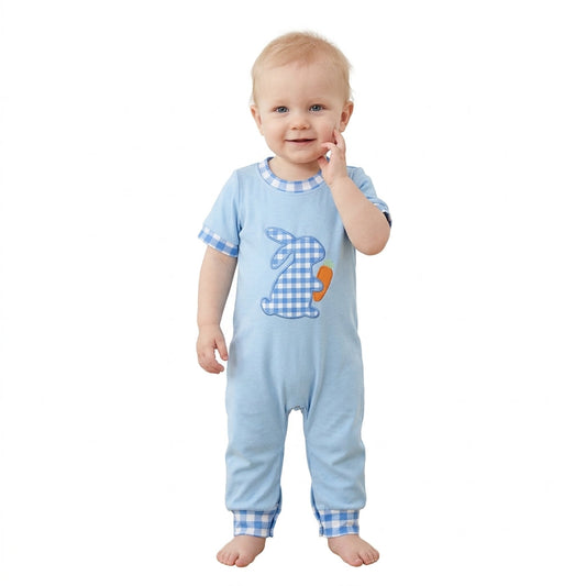 SR4297 Embroidery Easter Bunny Plaid Blue Baby Boys Romper