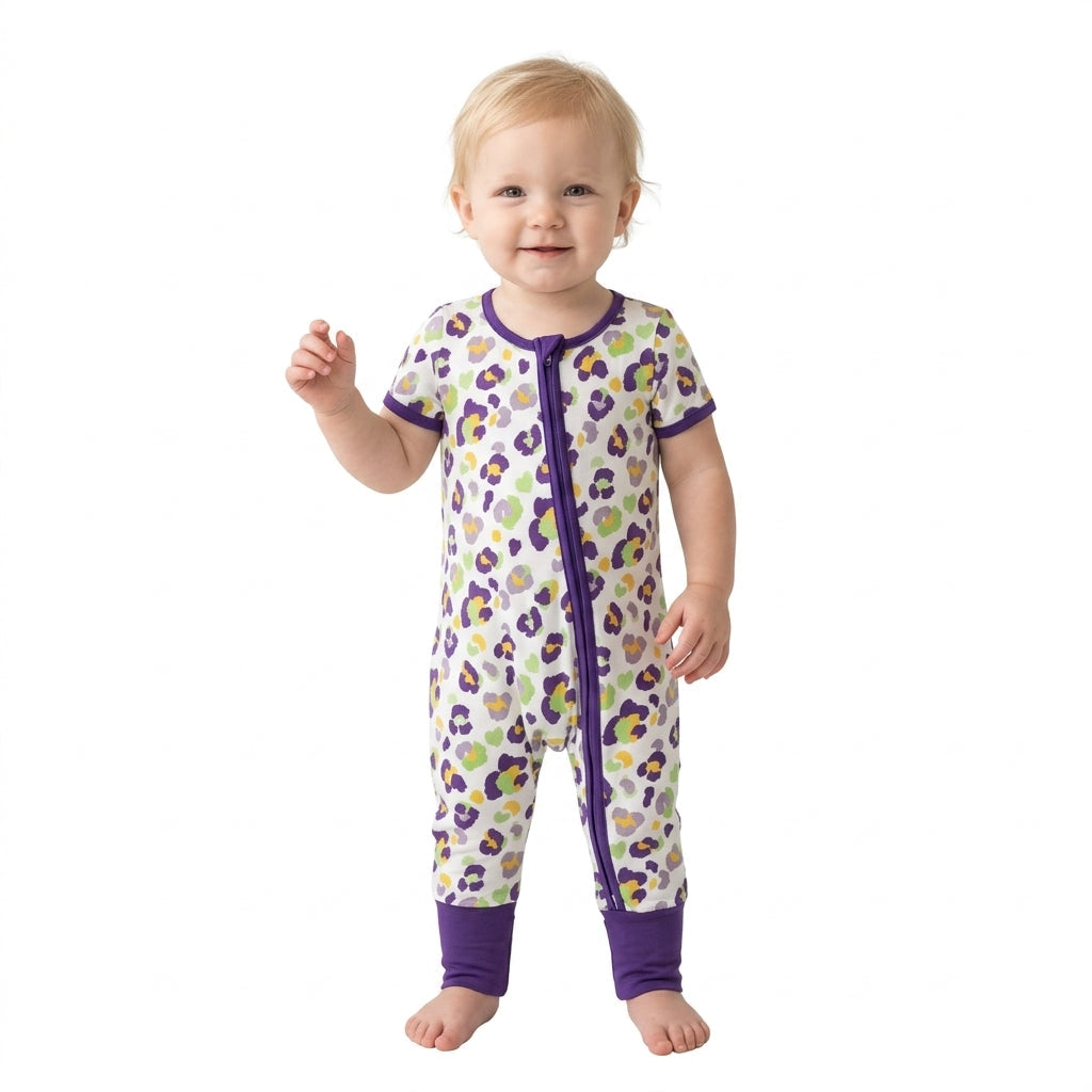 SR4312 Mardi Gras Leopard Purple Baby Zipper Romper Sleepers