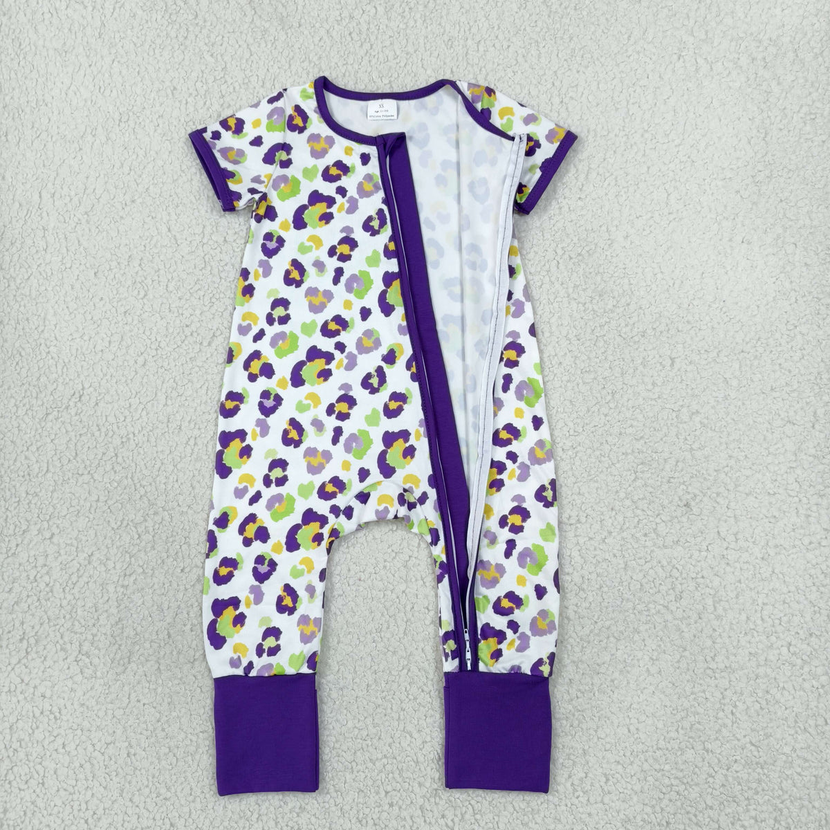 SR4312 Mardi Gras Leopard Purple Baby Zipper Romper Sleepers
