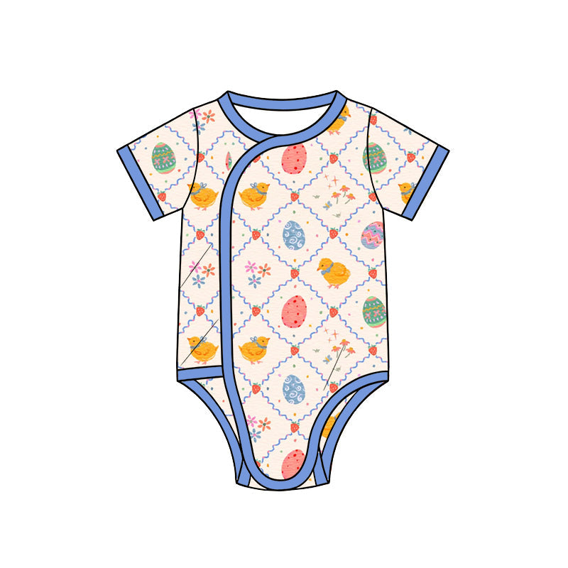 Preorder MOQ 5 pcs SR4344 Easter Chick Eggs Strawberry Blue Baby Girls Bubble Romper