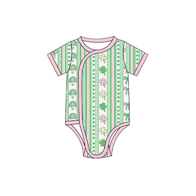 Preorder MOQ 5 pcs SR4346 Saint Patrick Leaves Stripe Pink Green Baby Girls Bubble Romper