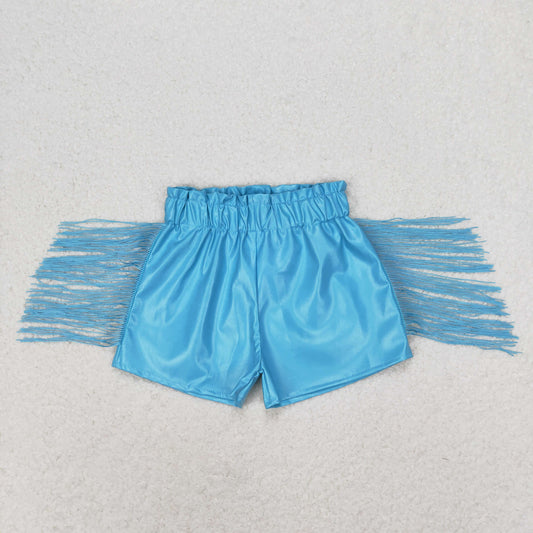 SS0241 Blue glossy leather tassel shorts high quality baby clothes girls