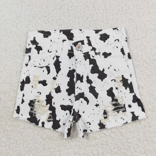 SS0332 NO MOQ White cow-print ripped denim shorts High quality girls denim jeans