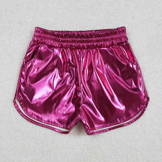 SS0414 Rose Red shining leather shorts boutique outfit girls shorts 202502 RTS