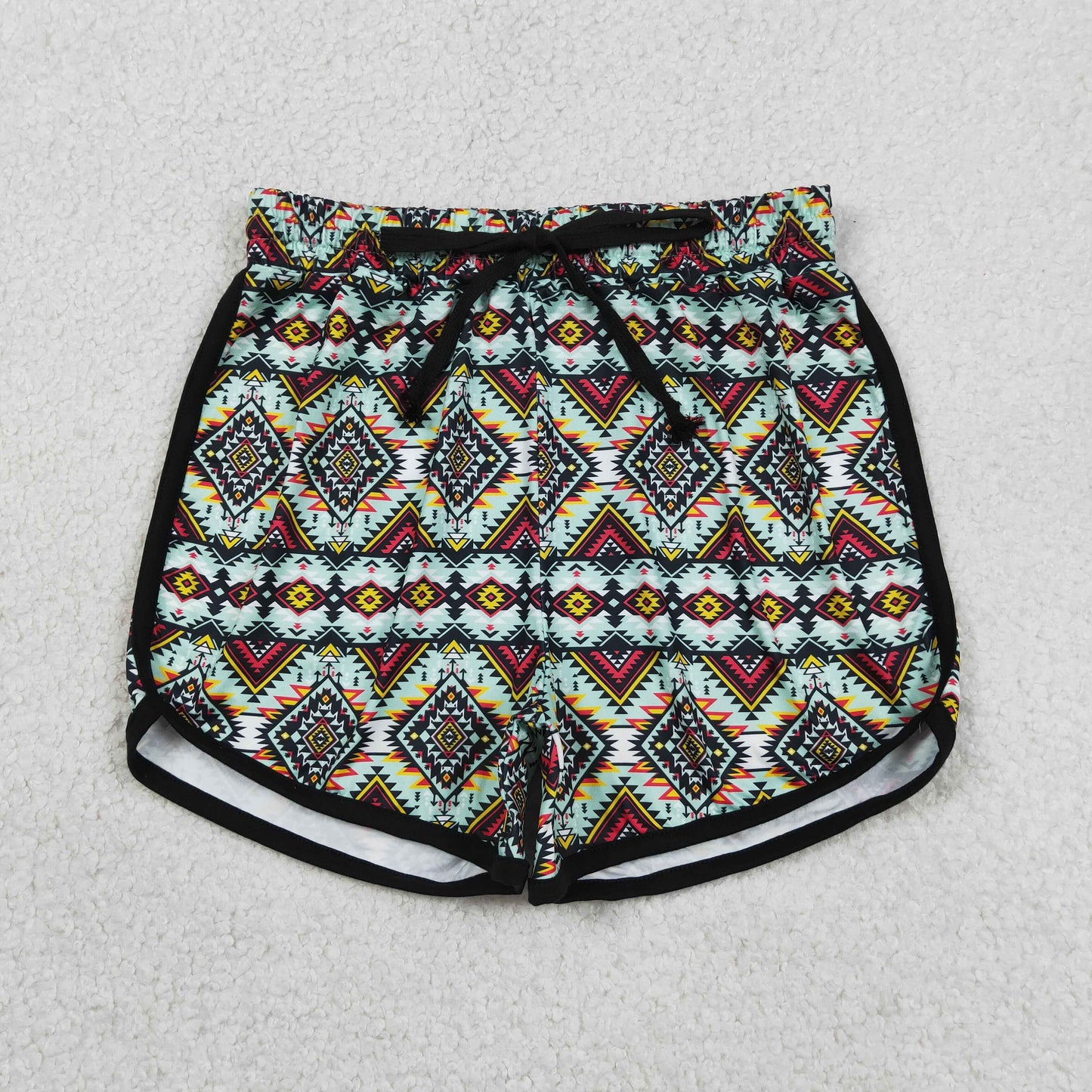 SS0452 Adult Female Blue Green Geometric Black Drawstring Shorts 202605 RTS