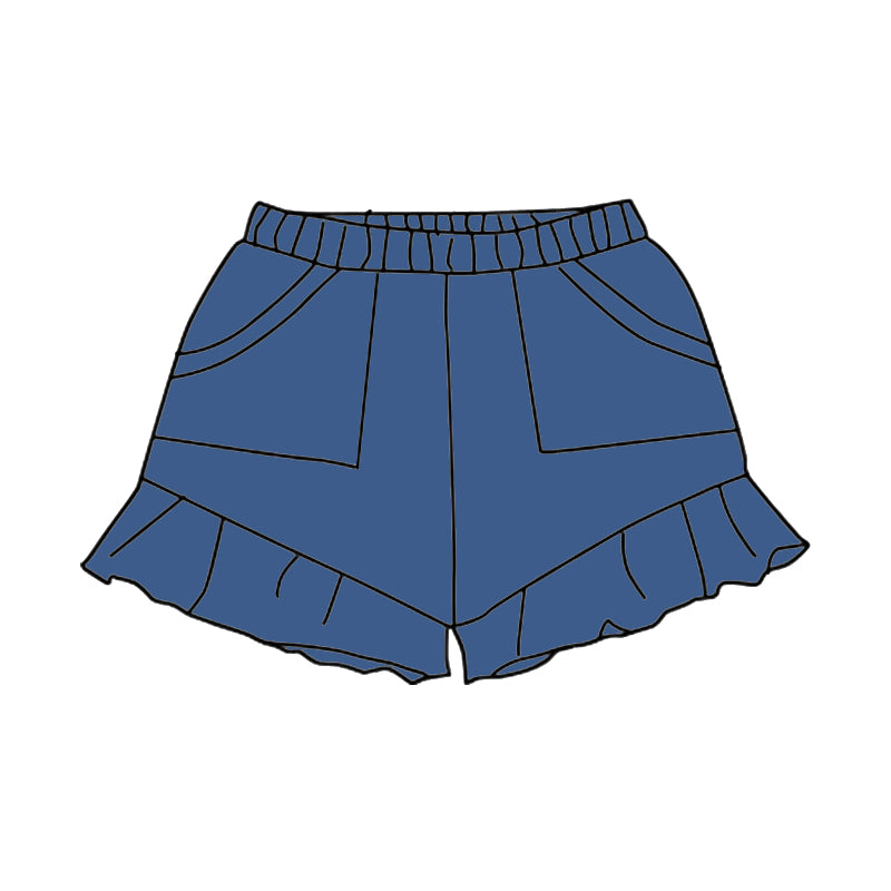 preorder SS0557 Girls Boutique Outfit Pure Cotton Dark Blue Pocket Ruffle Shorts  202503
