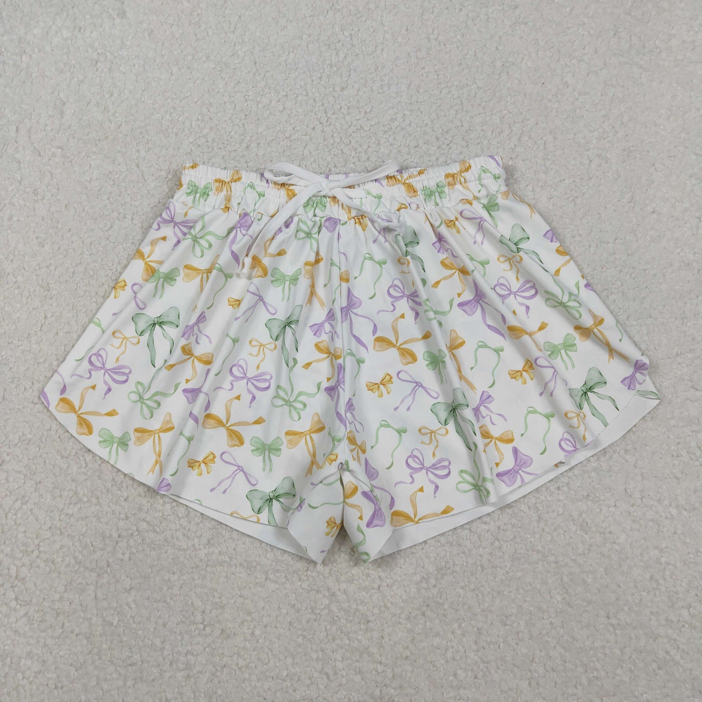 SS0679 Mardi Gras Adult Female Yellow Green Purple Bows White Yoga Shorts 202511 RTS