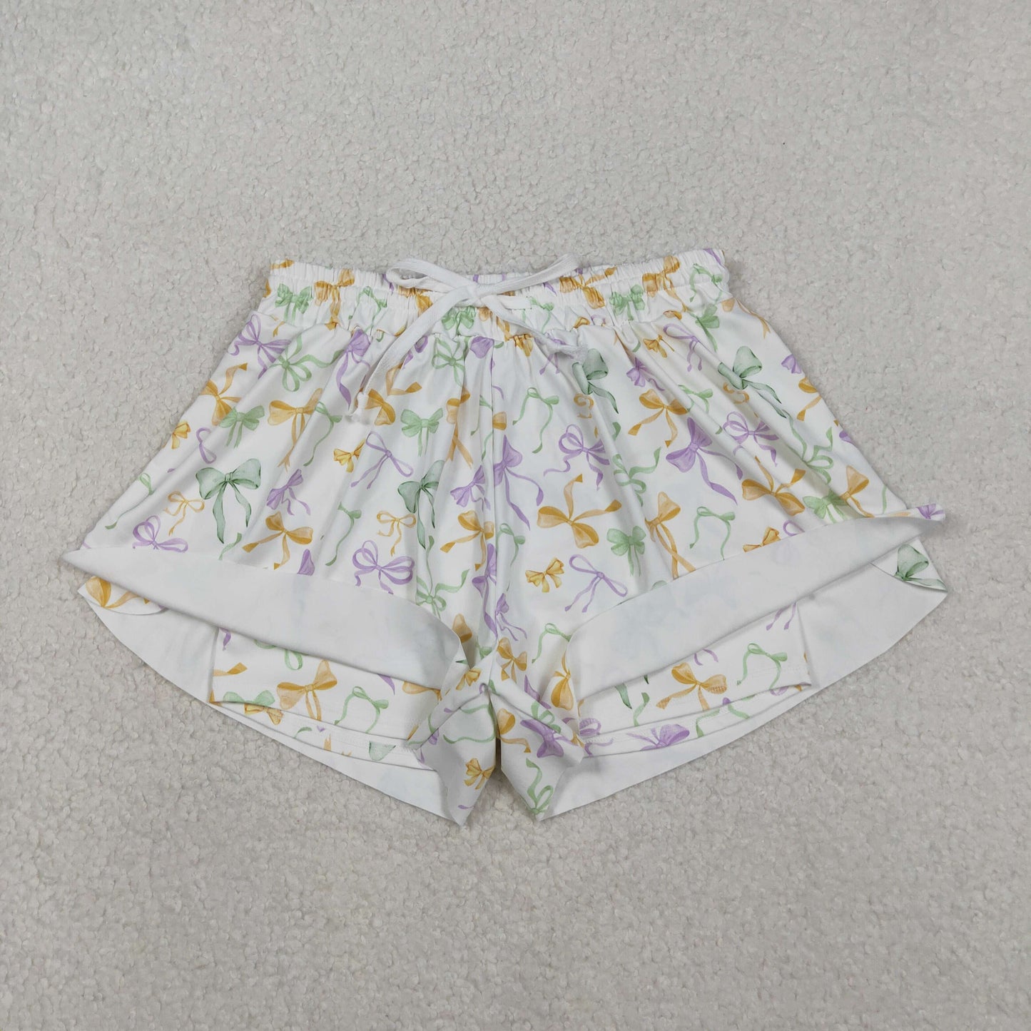 SS0679 Mardi Gras Adult Female Yellow Green Purple Bows White Yoga Shorts 202511 RTS