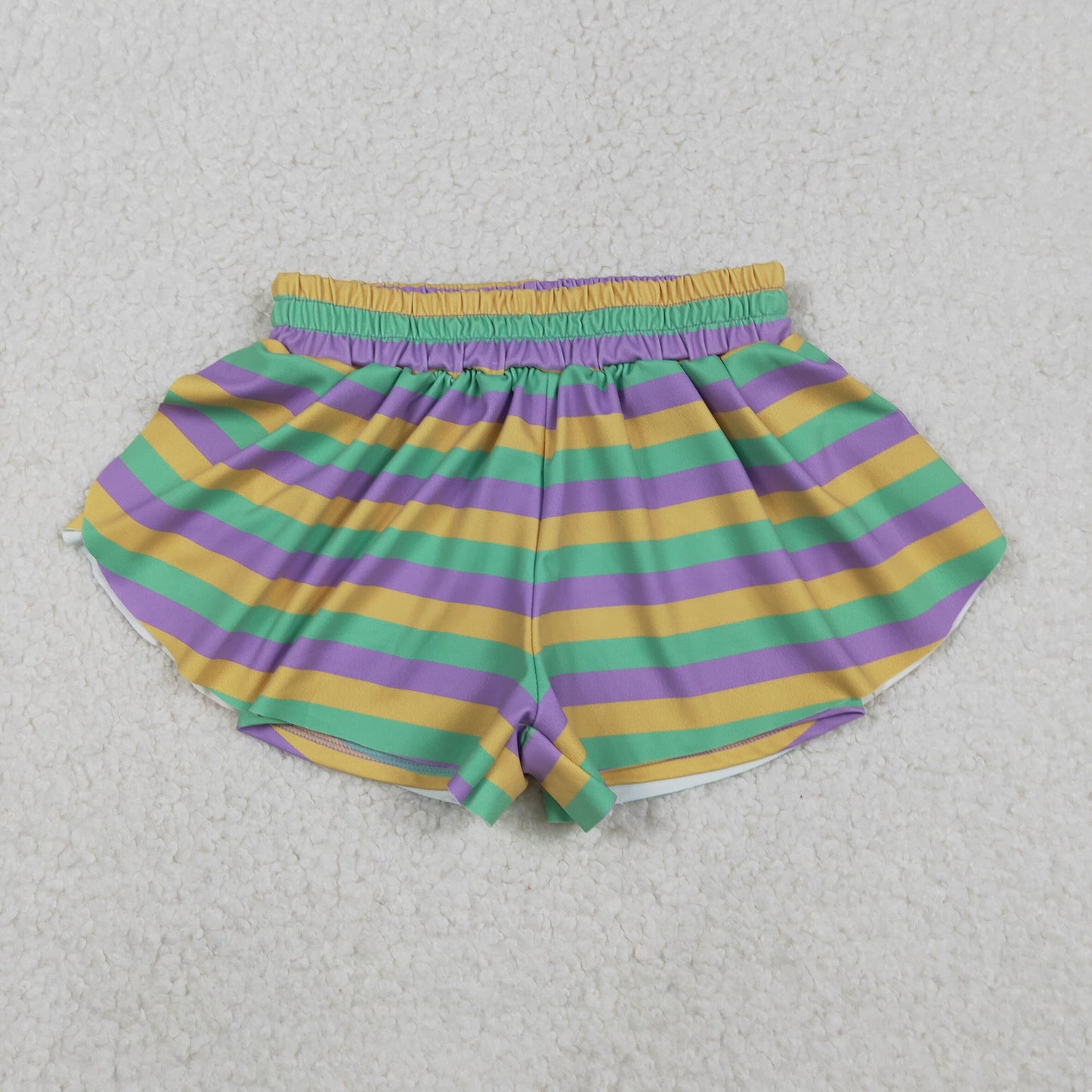 SS0685 Mardi Gras Yellow Green Purple Stripe Girls Yoga Shorts 202511 RTS