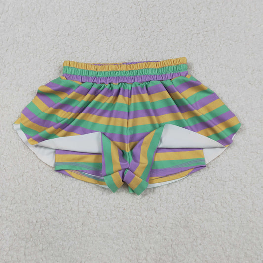 SS0685 Mardi Gras Yellow Green Purple Stripe Girls Yoga Shorts 202511 RTS
