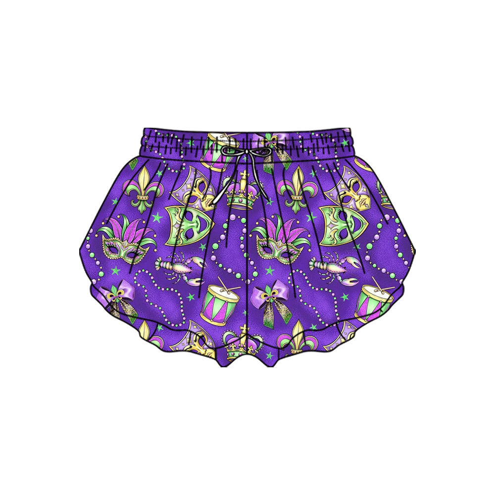 MOQ 5 preorder SS0701 Mardi Gras Mask Purple Girls Yoga Shorts 202510