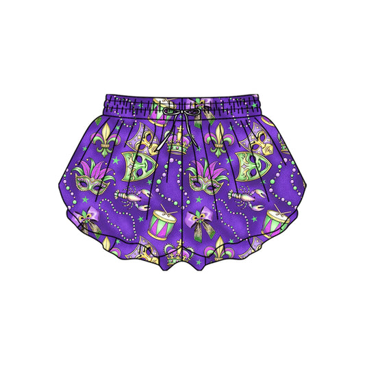 MOQ 5 preorder SS0701 Mardi Gras Mask Purple Girls Yoga Shorts 202510