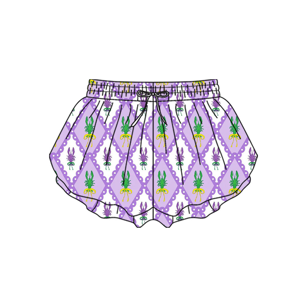 MOQ 5 preorder SS0703 Mardi Gras Crayfish Plaid Purple Girls Yoga Shorts 202510