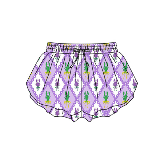 MOQ 5 preorder SS0703 Mardi Gras Crayfish Plaid Purple Girls Yoga Shorts 202510