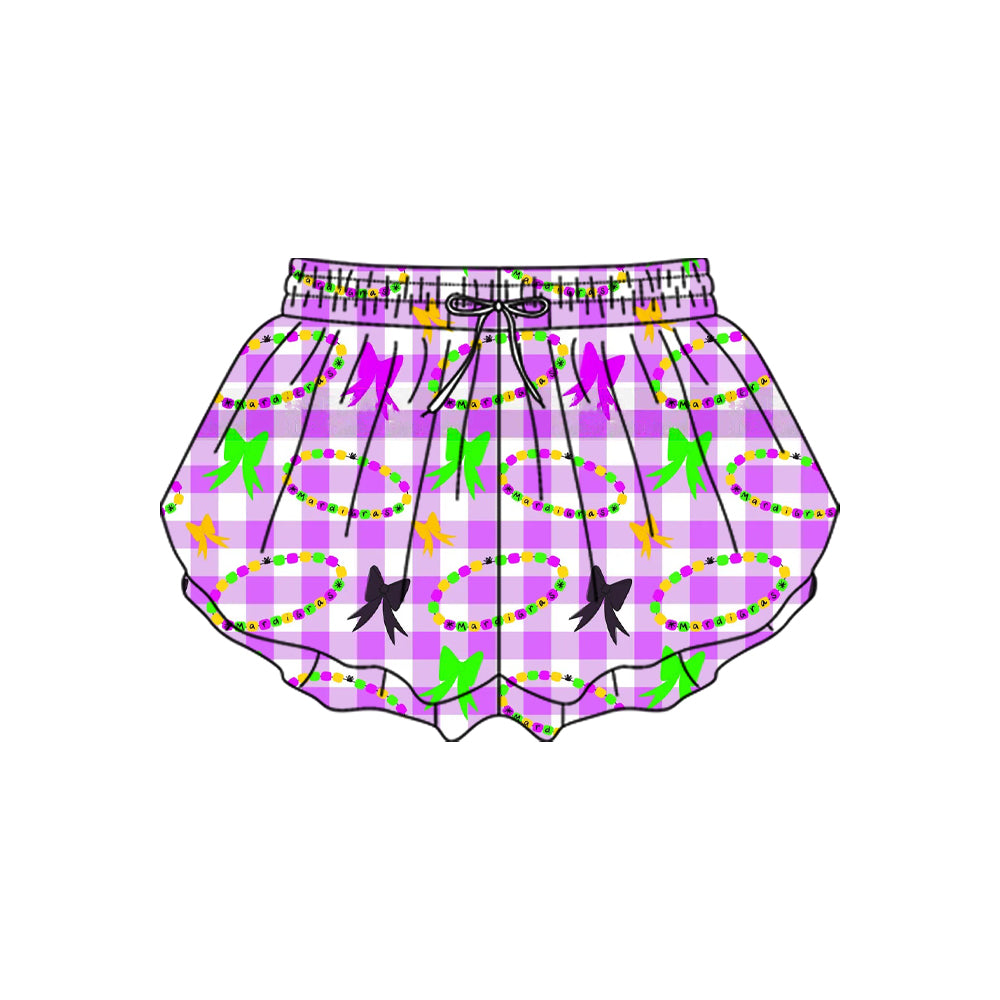 MOQ 5 preorder SS0704 Mardi Gras Bows Necklace Purple Plaid Girls Yoga Shorts 202510