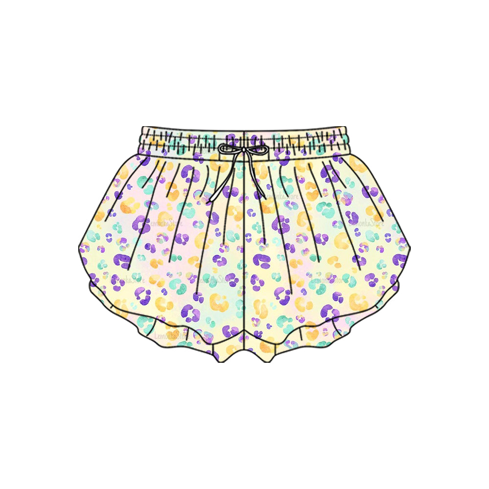 MOQ 5 preorder SS0707 Mardi Gras Colored Leopard Girls Yoga Shorts 202510