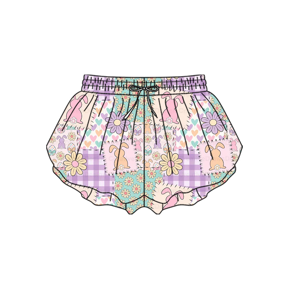 MOQ 5 preorder SS0719 Easter Bunny Flower Love Purple Plaid Girls Yoga Shorts 202510
