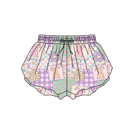 MOQ 5 preorder SS0719 Easter Bunny Flower Love Purple Plaid Girls Yoga Shorts 202510