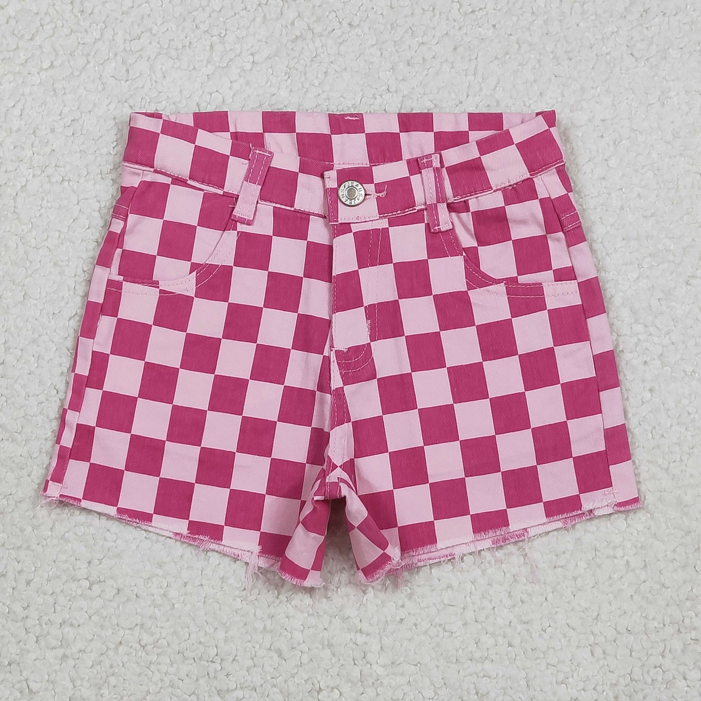 SS0764 Rose Red Plaid Girls Denim Shorts 202512 RTS