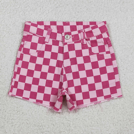 SS0764 Rose Red Plaid Girls Denim Shorts 202512 RTS