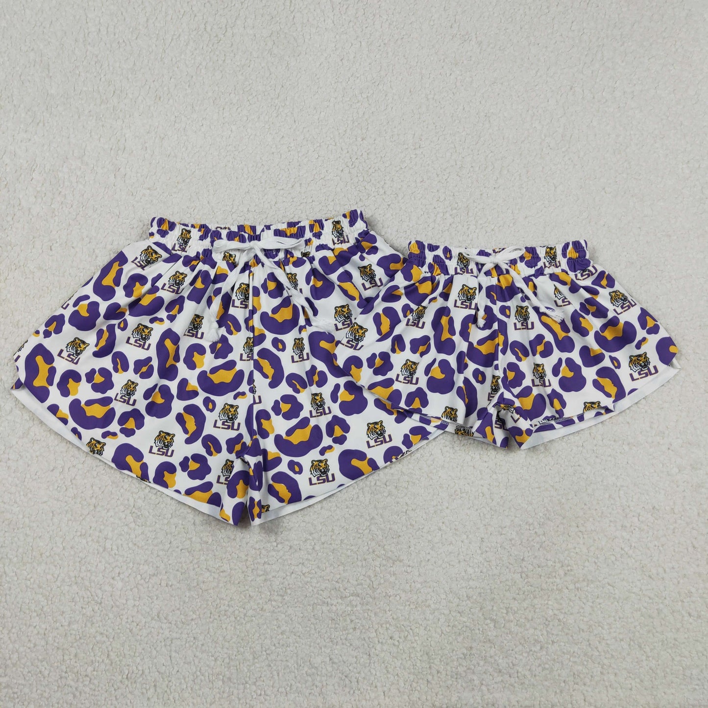 SS0811 Adult Female GO TEAM Tiger LSU Purple Yellow Leopard White Yoga Shorts 202604 RTS