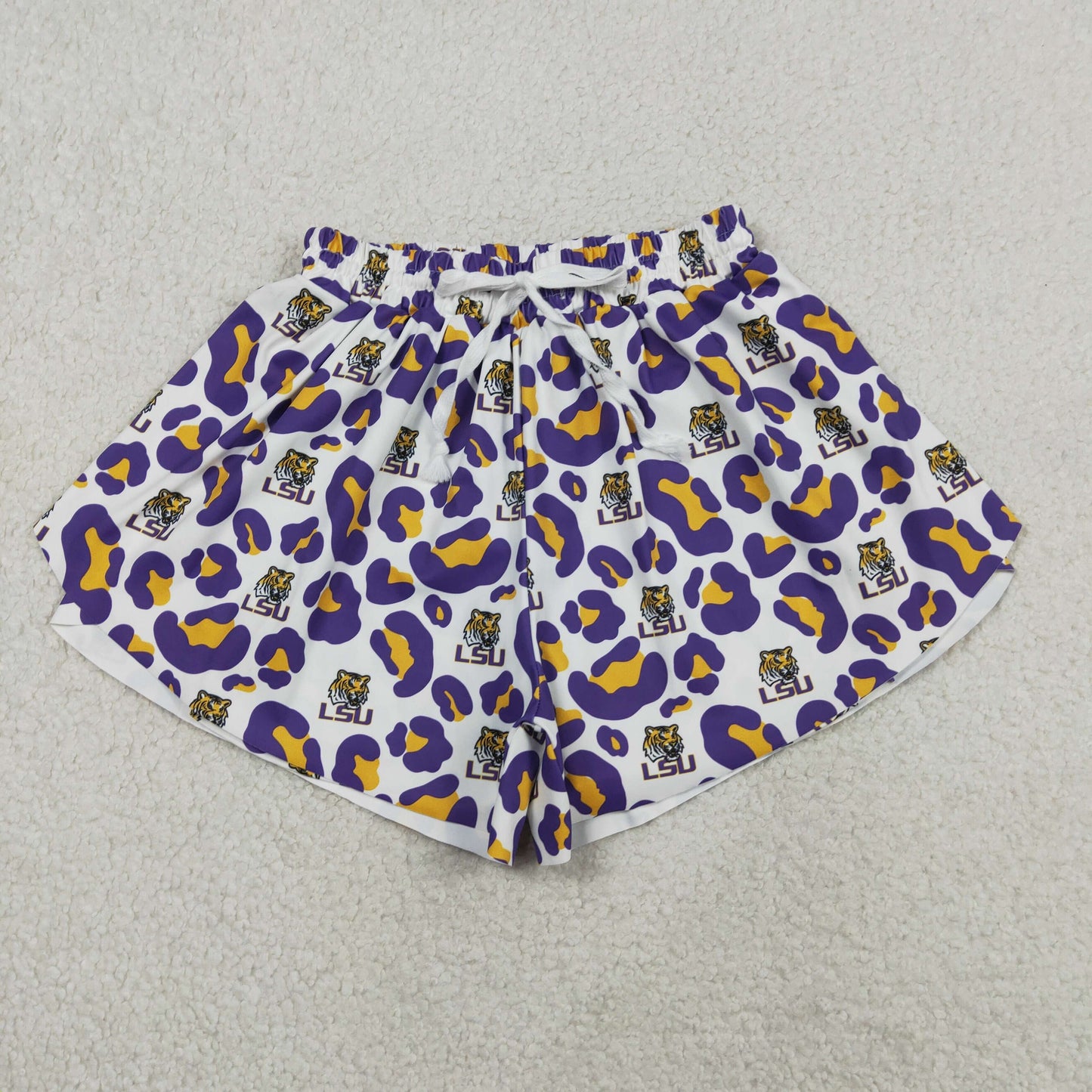 SS0811 Adult Female GO TEAM Tiger LSU Purple Yellow Leopard White Yoga Shorts 202604 RTS