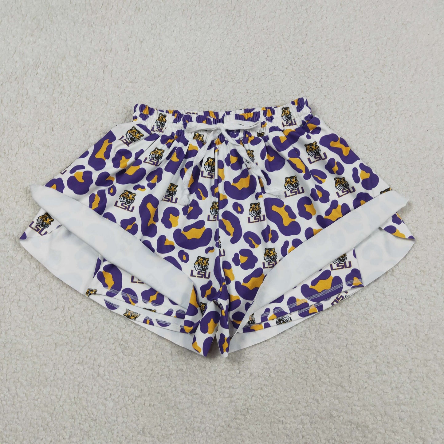 SS0811 Adult Female GO TEAM Tiger LSU Purple Yellow Leopard White Yoga Shorts 202604 RTS