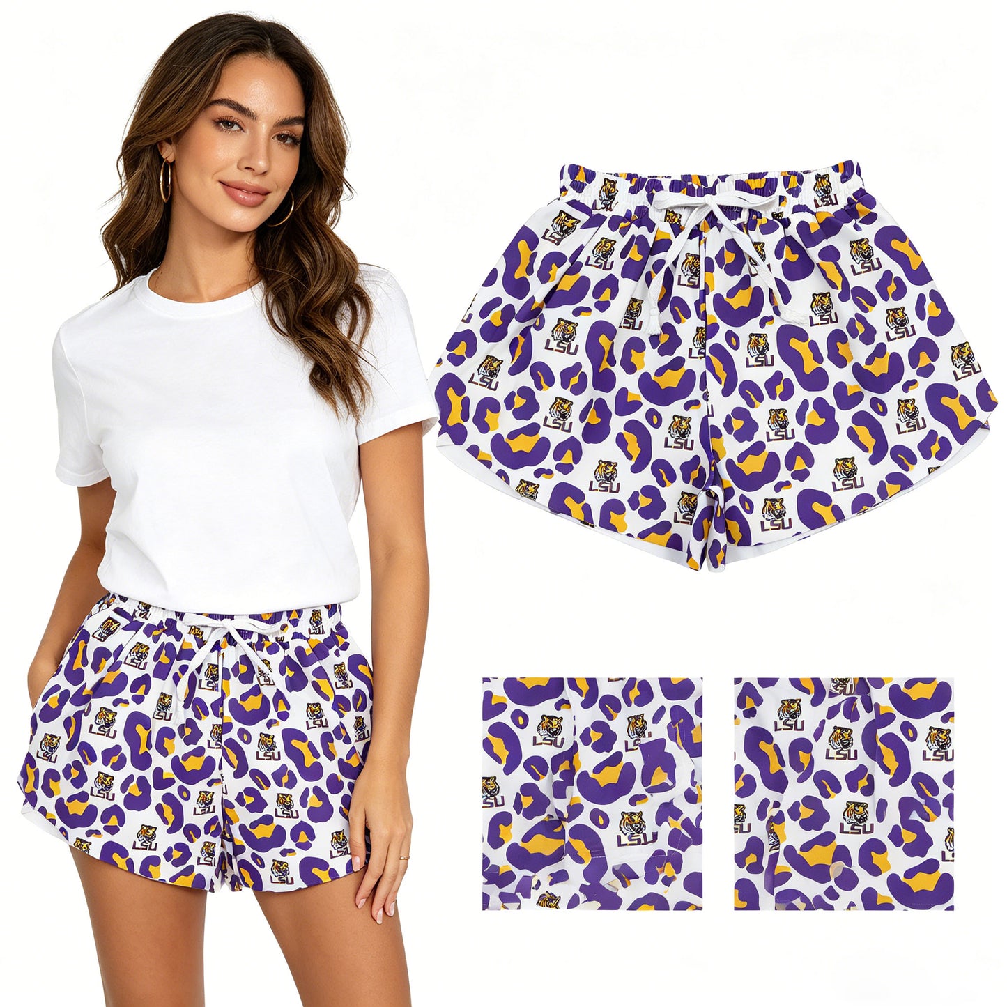 SS0811 Adult Female GO TEAM Tiger LSU Purple Yellow Leopard White Yoga Shorts 202604 RTS